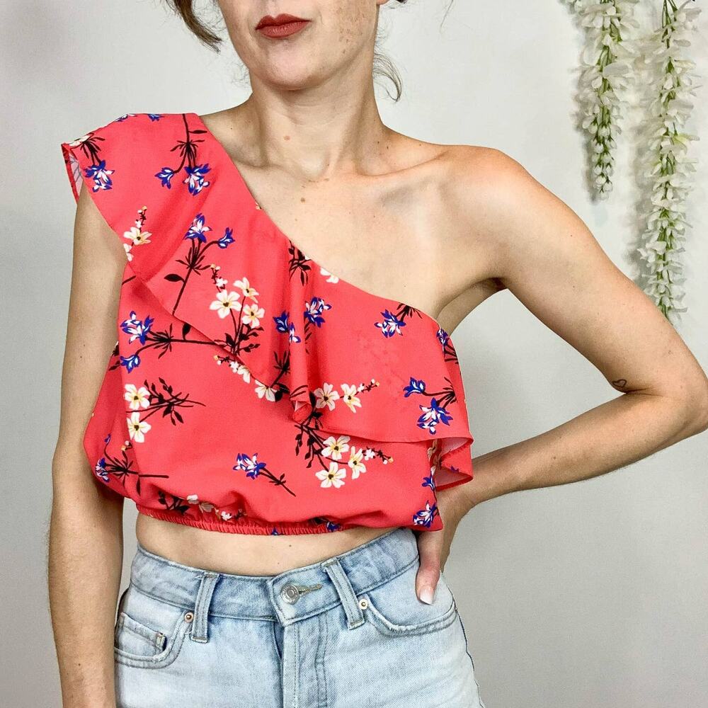 NWT THE ROOM one shoulder crop top floral asymmetrical neck pink 2516